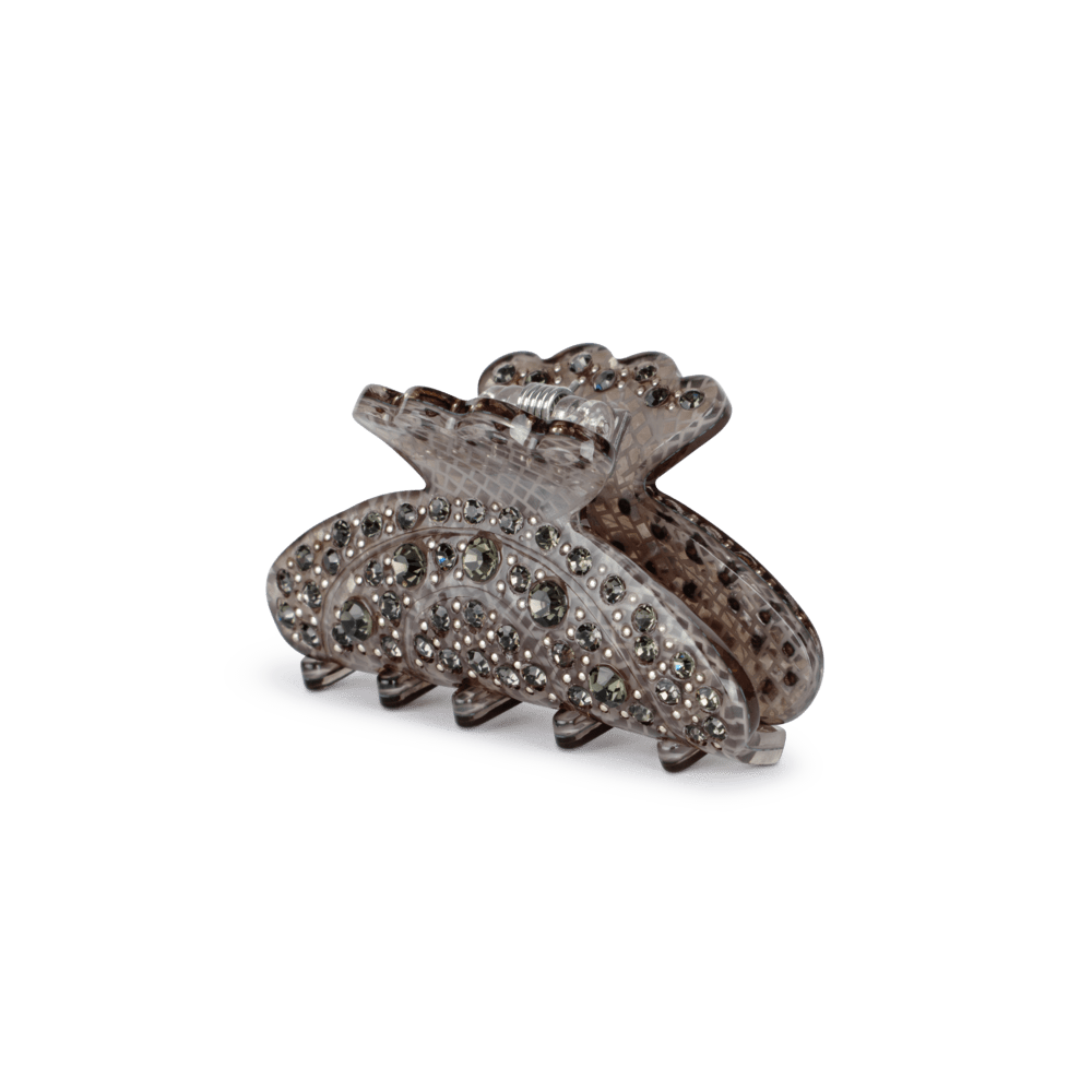 Helen Reflects Mini hårklemme i grå med mørke rhinsten og struktureret overflade.