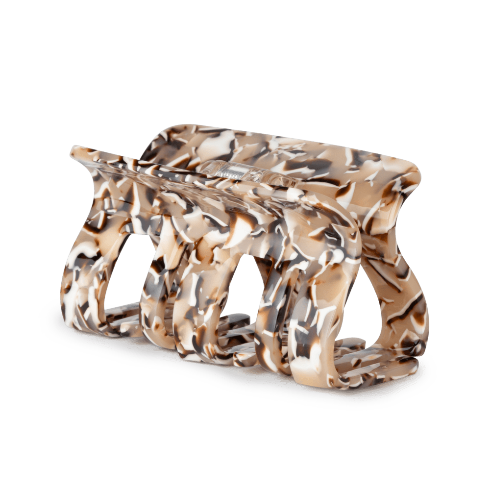 Stor hårklemme i beige og brun med marmoreret mønster