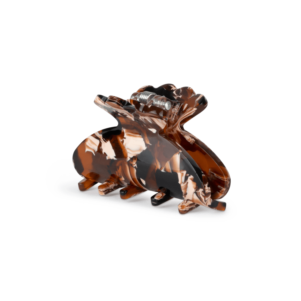 Helle Universe Mini hårklemme i mørk tortoise med sort, brun og beige mønster.