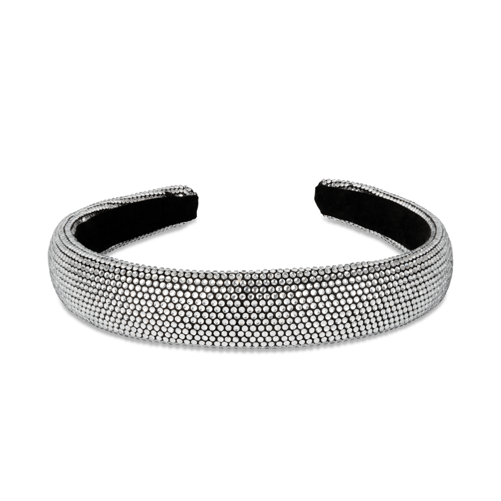 Sølvfarvet hårbøjle fra SUI AVA med små glitrende krystaller