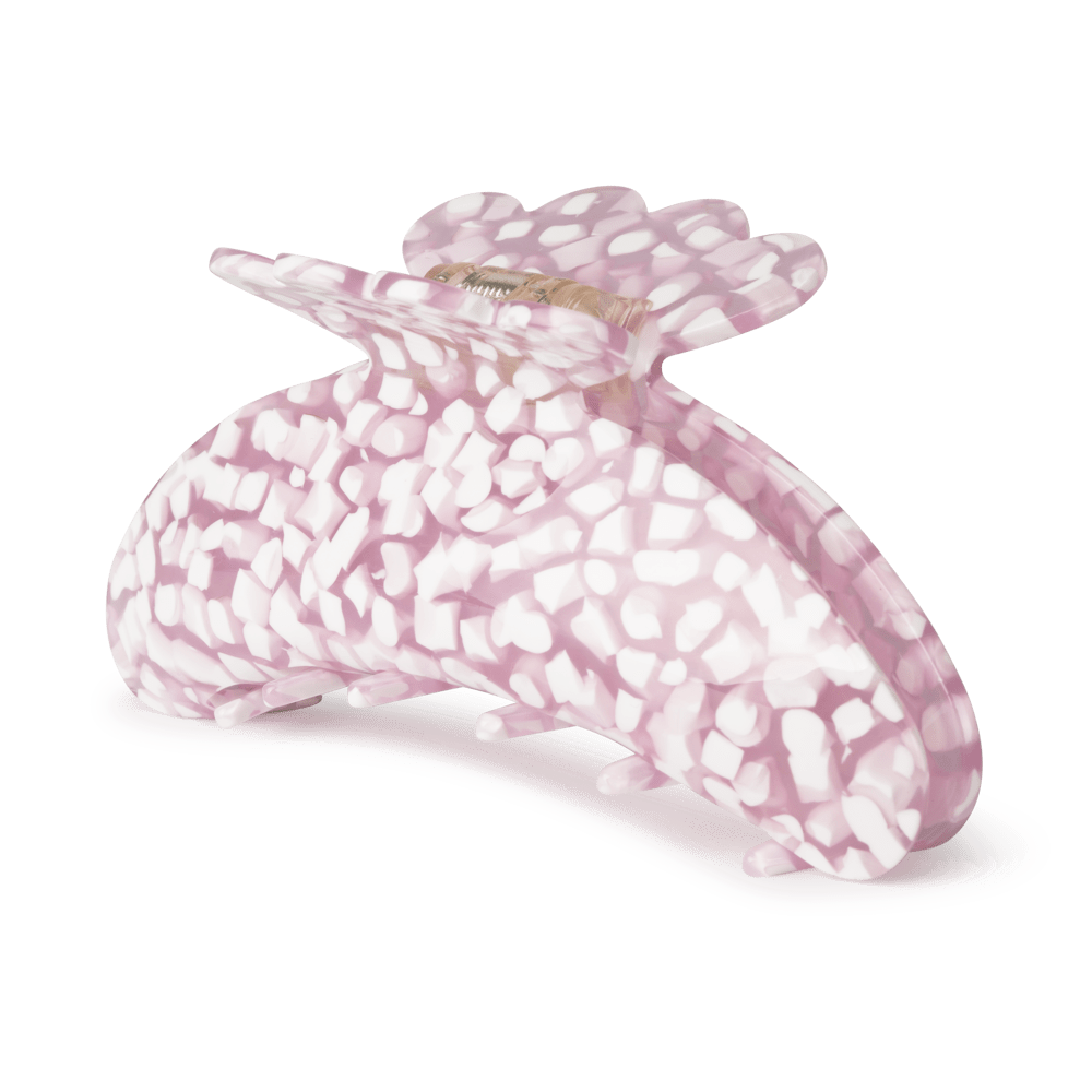 Stor lyserød og hvid hårklemme med snefnug-look – Helle Snowball Big