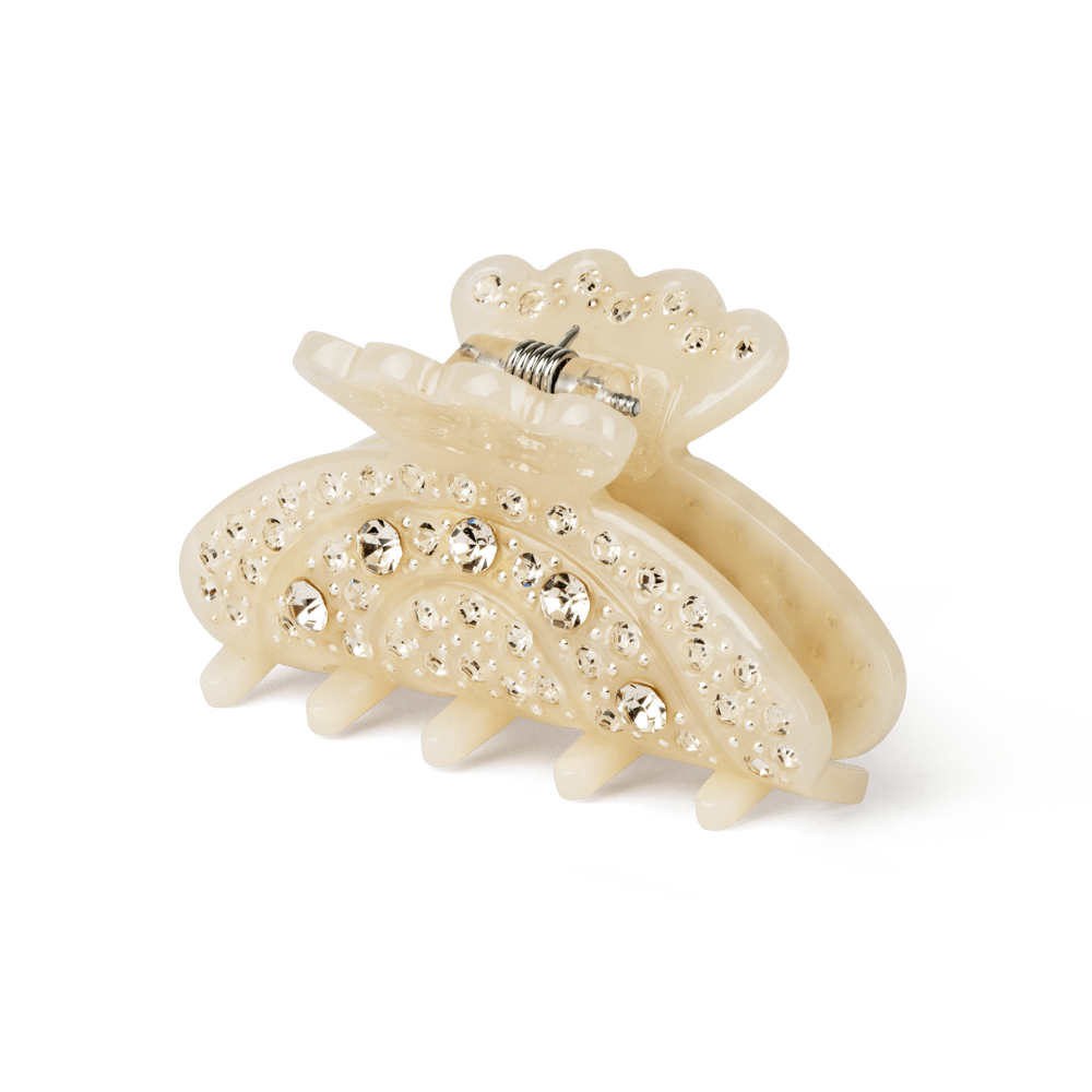 Helen Bright Mini hårklemme med klare rhinsten på perlemorsfarvet base.