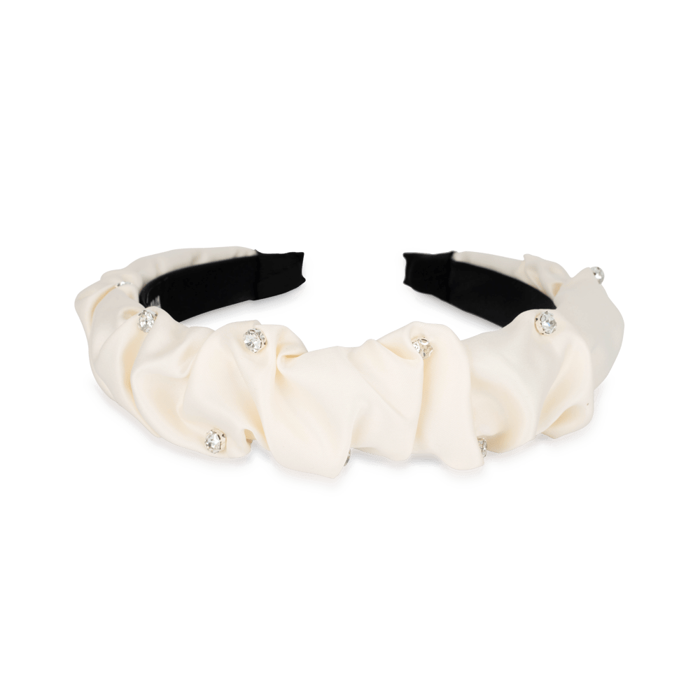 Moonlight Headband – elfenbenshvid satin hårbøjle med rynket design og små krystaller fra SUI AVA.