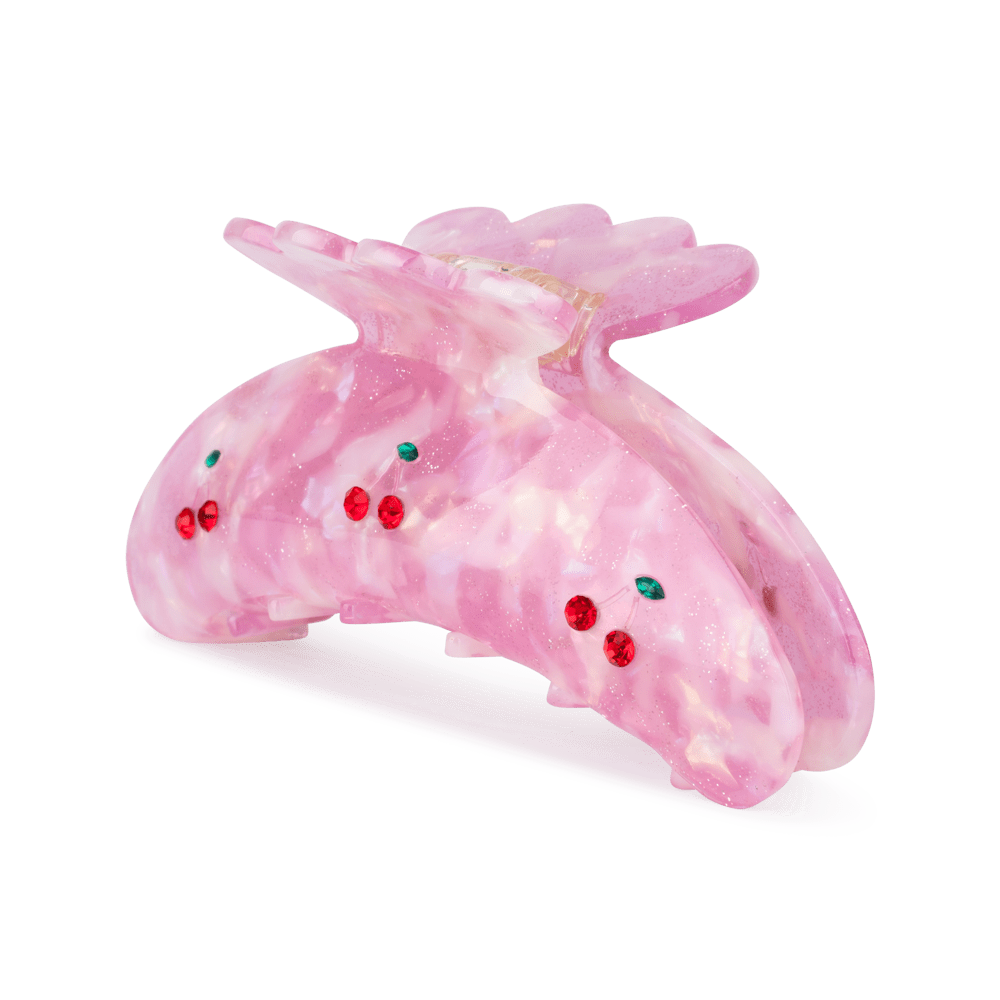 Stor lyserød hårklemme med røde kirsebærsten og glimmer – Cherry Up Big fra SUI AVA