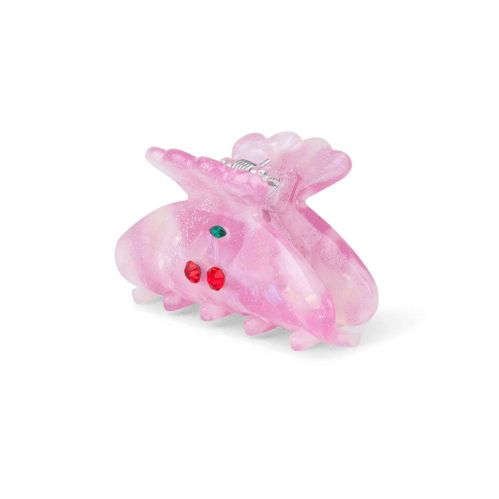 Cherry Up Mini hårklemme i lyserød med glimmer og kirsebærdetaljer.