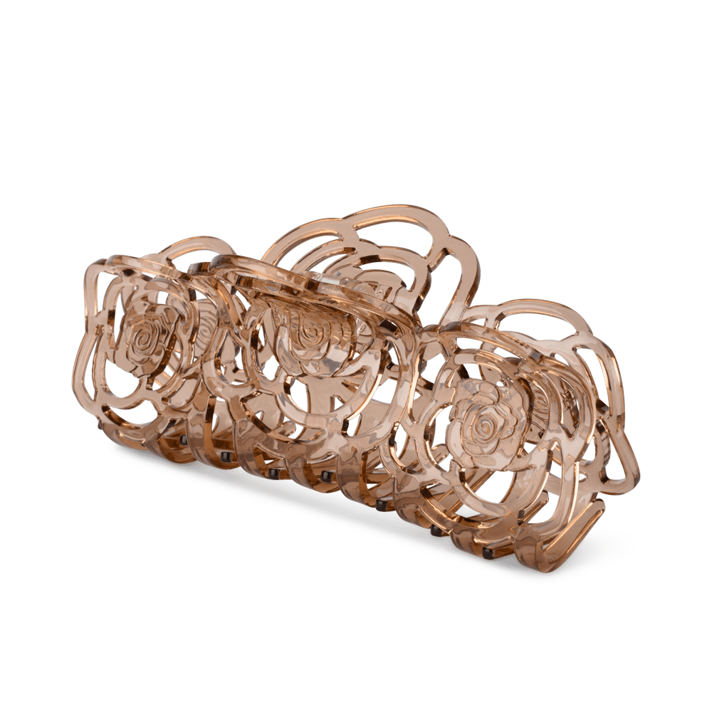 Rosie Giga hårklemme i lysebrun – stor, let gennemsigtig hårklemme med rosemotiver, perfekt til langt og kraftigt hår.