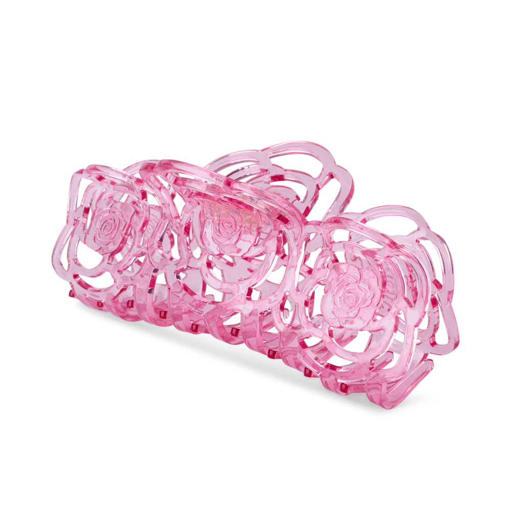 Rosie Giga hårklemme i rose – stor, let gennemsigtig hårklemme med rosemotiver, perfekt til langt og kraftigt hår.