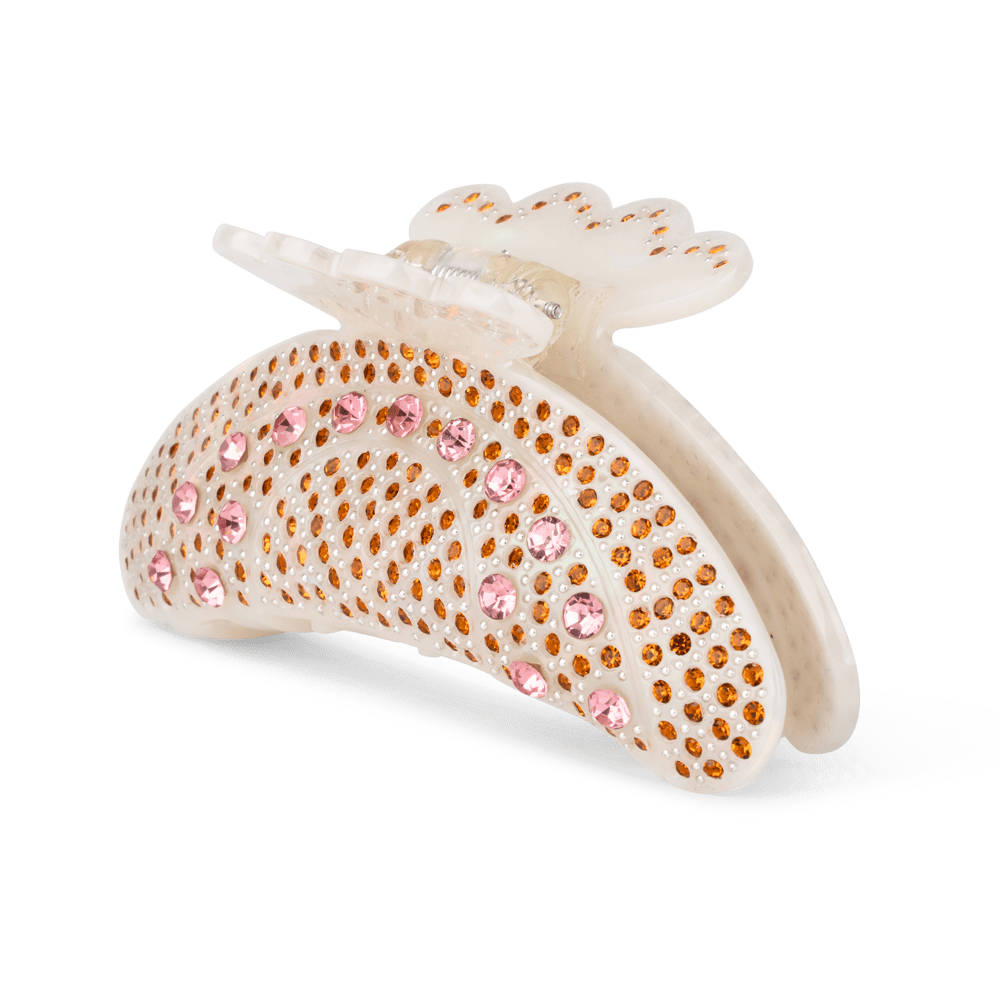Helen Palma Middle hårklemme i hvid med pink og orange rhinsten – mellemstor hårklemme med funklende detaljer, perfekt til at holde håret på plads med stil.