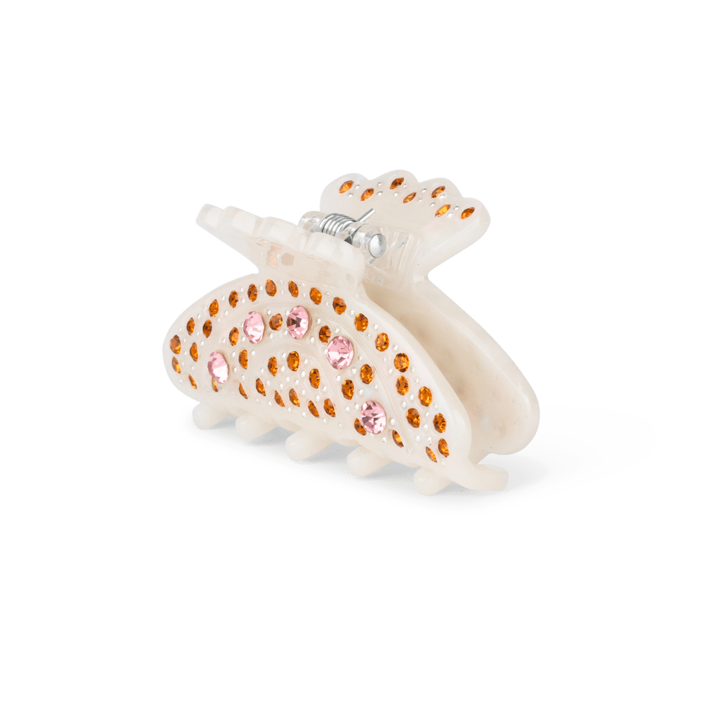 Helen Palma Mini hårklemme med pink og orange krystaller på hvid base.