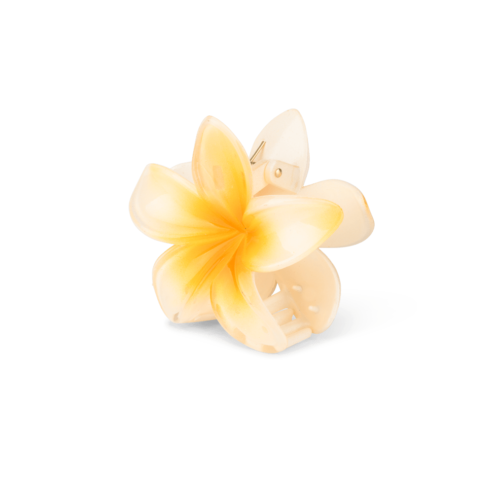 Plumeria Hawaii Big hårklemme i lysegul – stor hårklemme med blomstret design, perfekt til langt eller kraftigt hår.