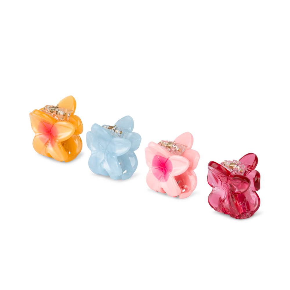 4-Pack Flower Bouquet Mini – små hårklemmer formet som blomster i pink, rød, gul og lyseblå.