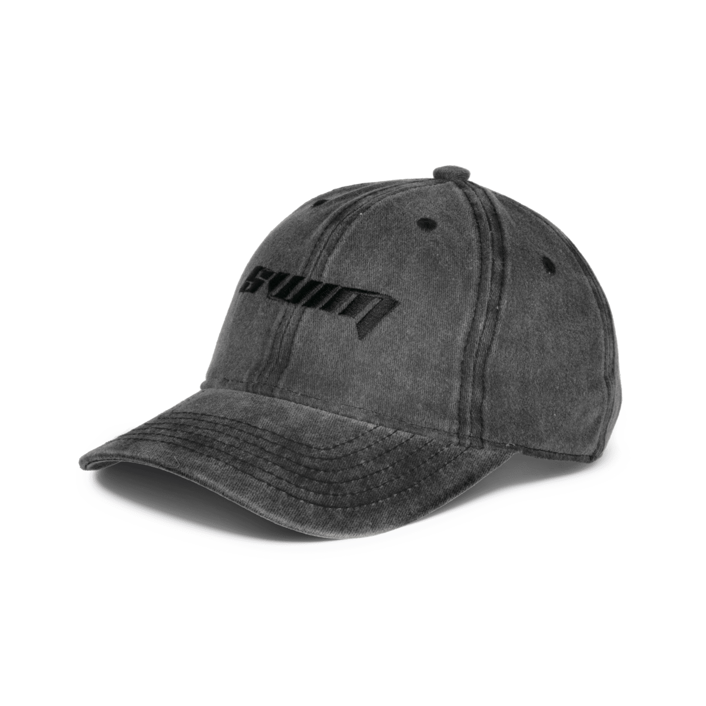 Swim Cap – kasket i washed black med broderet SWIM på fronten og justerbar pasform.