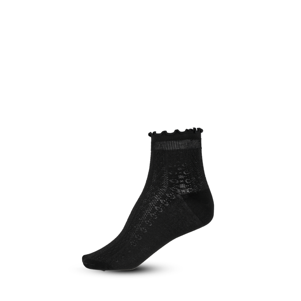 Sorte Emma Ankle Socks med blondemønster og bølget kant