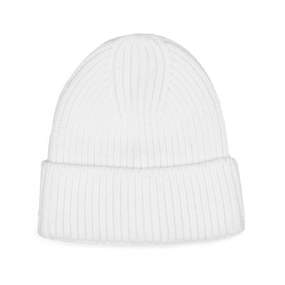 Nico Beanie i hvid – klassisk ribstrikket hue med foldet kant i blød uldblanding.
