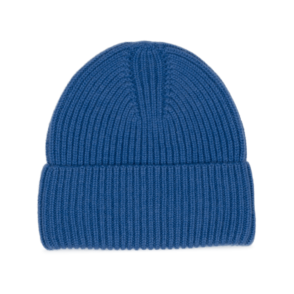 Cashmere beanie i blå ribstrik med foldet kant – hue i 100% cashmere