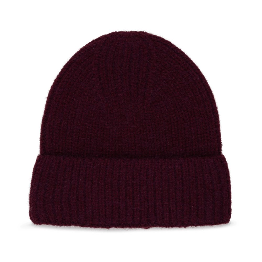 Nico Beanie i bordeaux – ribstrikket hue med opfoldet kant i dyb rød nuance.