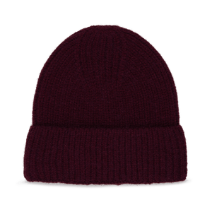 Nico Beanie i bordeaux – ribstrikket hue med opfoldet kant i dyb rød nuance.