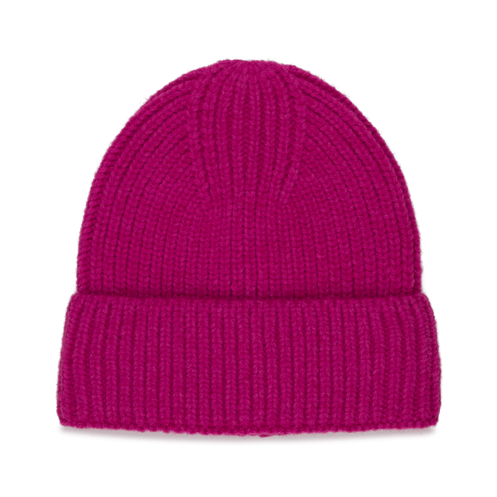 Nico Beanie i pink – ribstrikket hue med foldet kant i kraftig pink farve.
