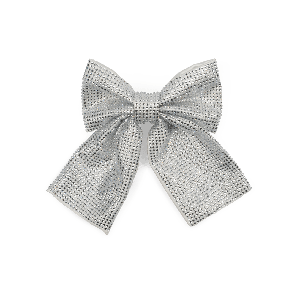 Kelly Crystal Bow hårsløjfe i sølv med glitrende krystaller, elegant og dekorativ til opsat hår eller hestehale.