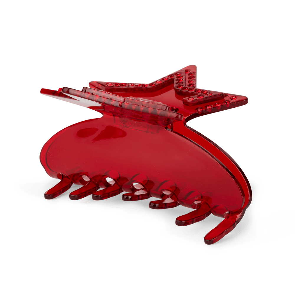 Stacy Star Big – rød hårklemme med stjerneform og rhinsten i transparent acetat