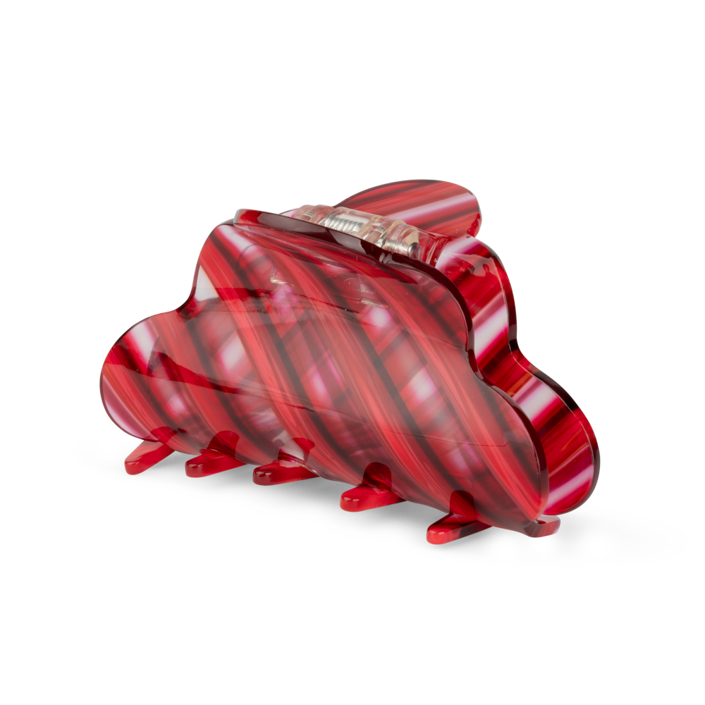 Lene Transparency Big – rød stribet hårklemme i transparent akryl med buet form.