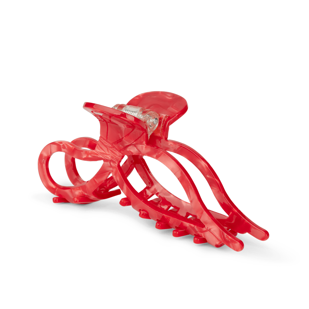 Bow Elegance Big – stor rød hårklemme med buet design og transparent finish