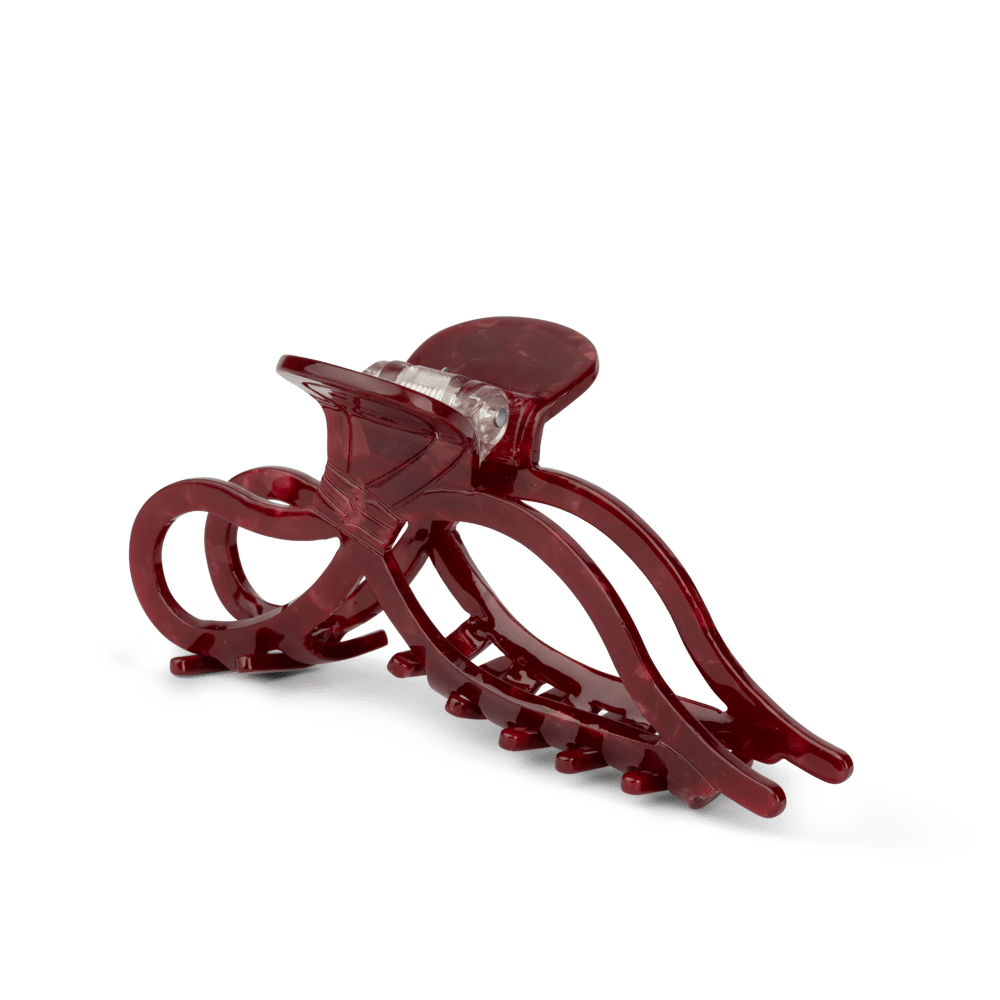 Bow Elegance Big – vinrød hårklemme med buet design og transparent look