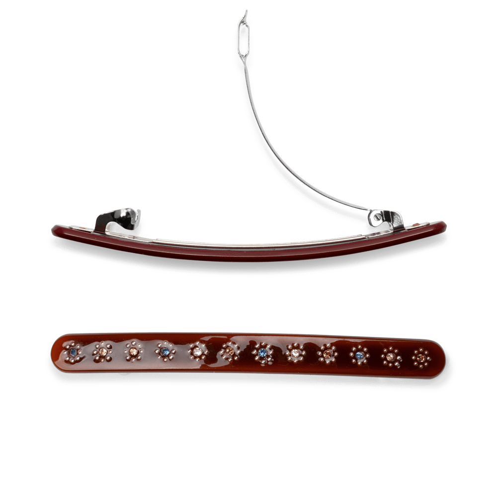 Brunt Evergreen hårspænde med blomsterdekoration og små glitrende sten