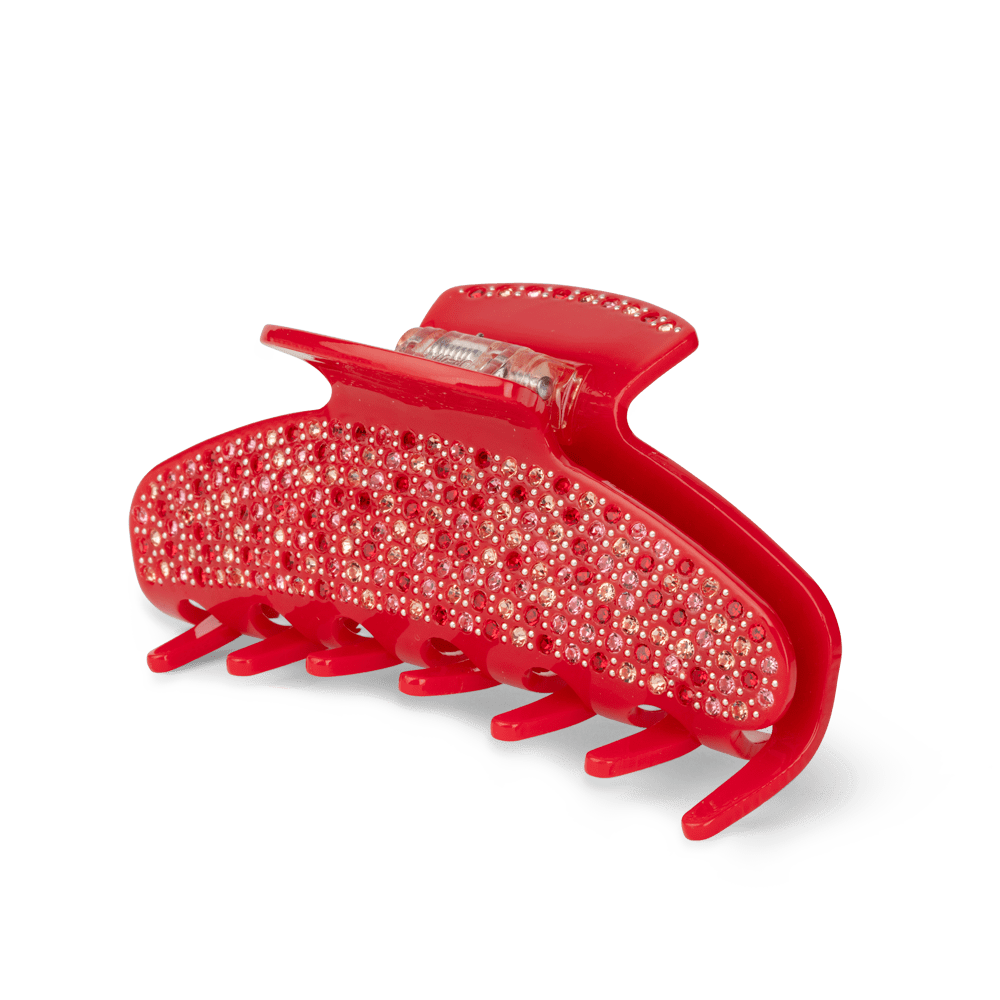 Ida Evergreen Big – stor rød hårklemme med funklende rhinsten, ideel til at samle langt og kraftigt hår og tilføje et elegant og glamourøst touch til frisuren.