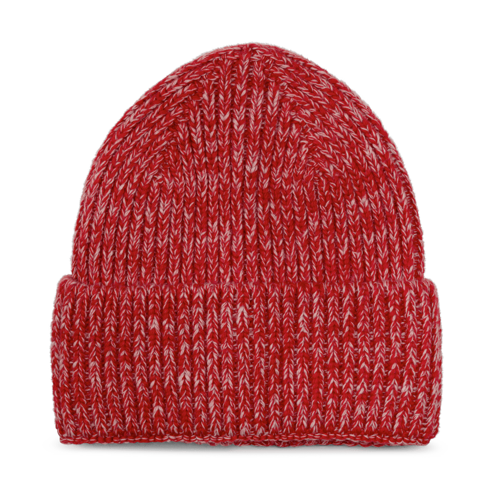 Hille Beanie i rød og hvid meleret strik med opsmøg – blød og varm hue i chunky stil