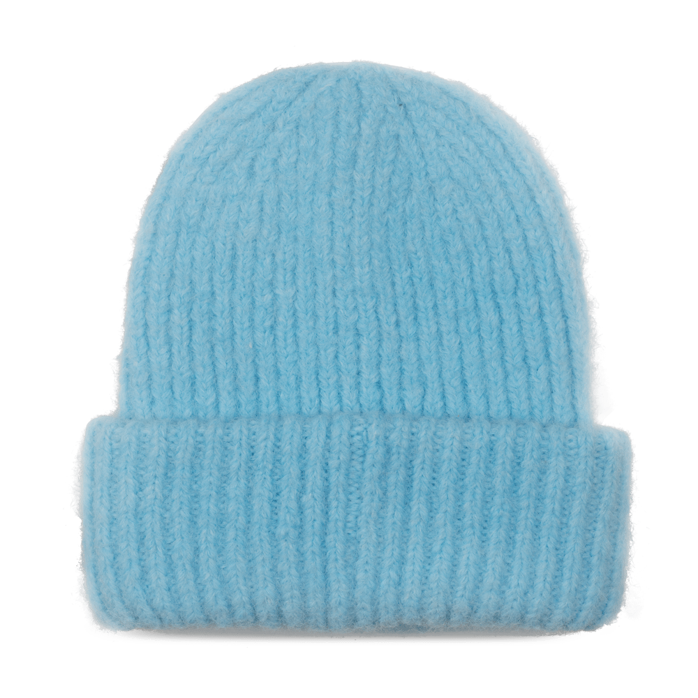 Lyseblå ribstrikket hue med bred foldet kant