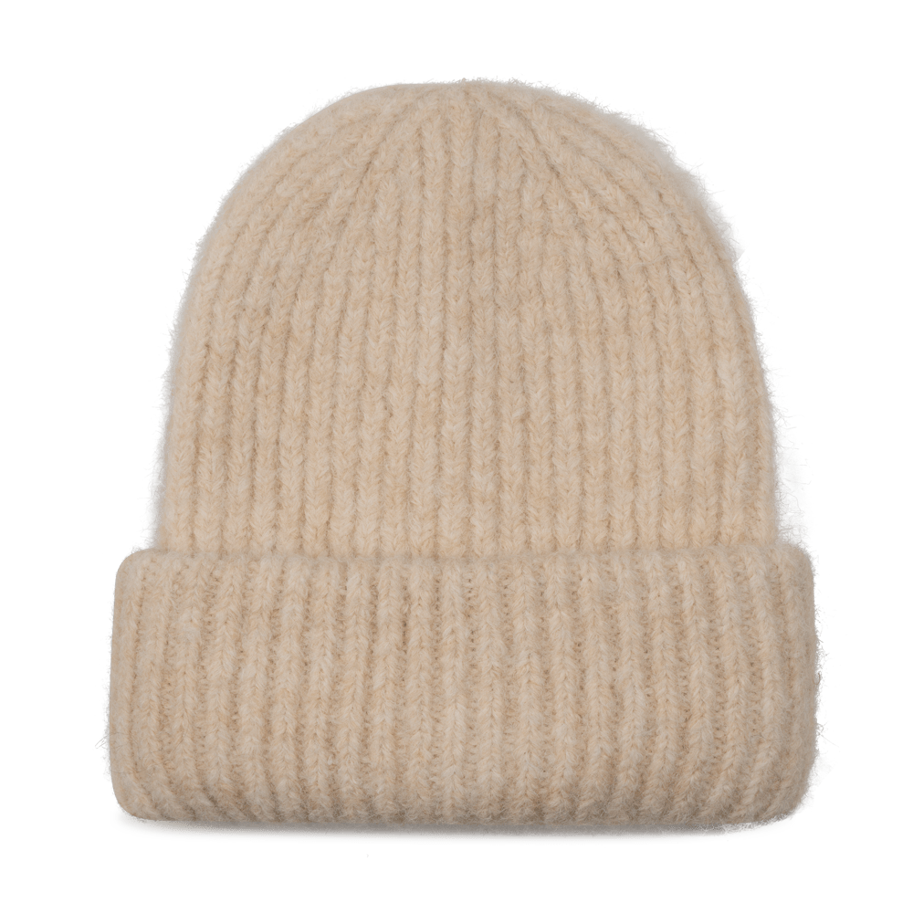 Beigefarvet strikhue med rib og foldet kant