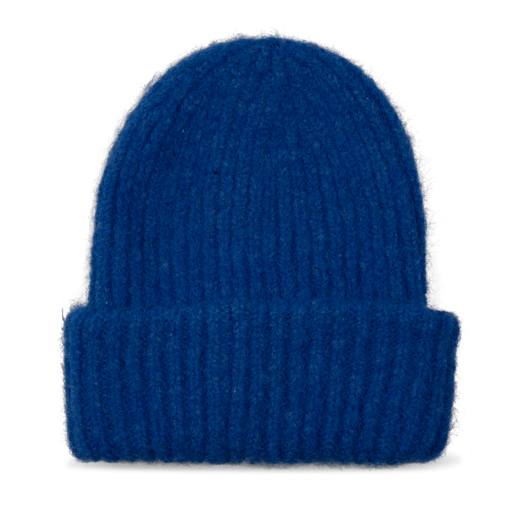Blå strikhue med bred ribkant og foldet opsmøg