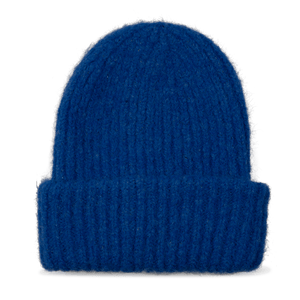Blå strikhue med bred ribkant og foldet opsmøg