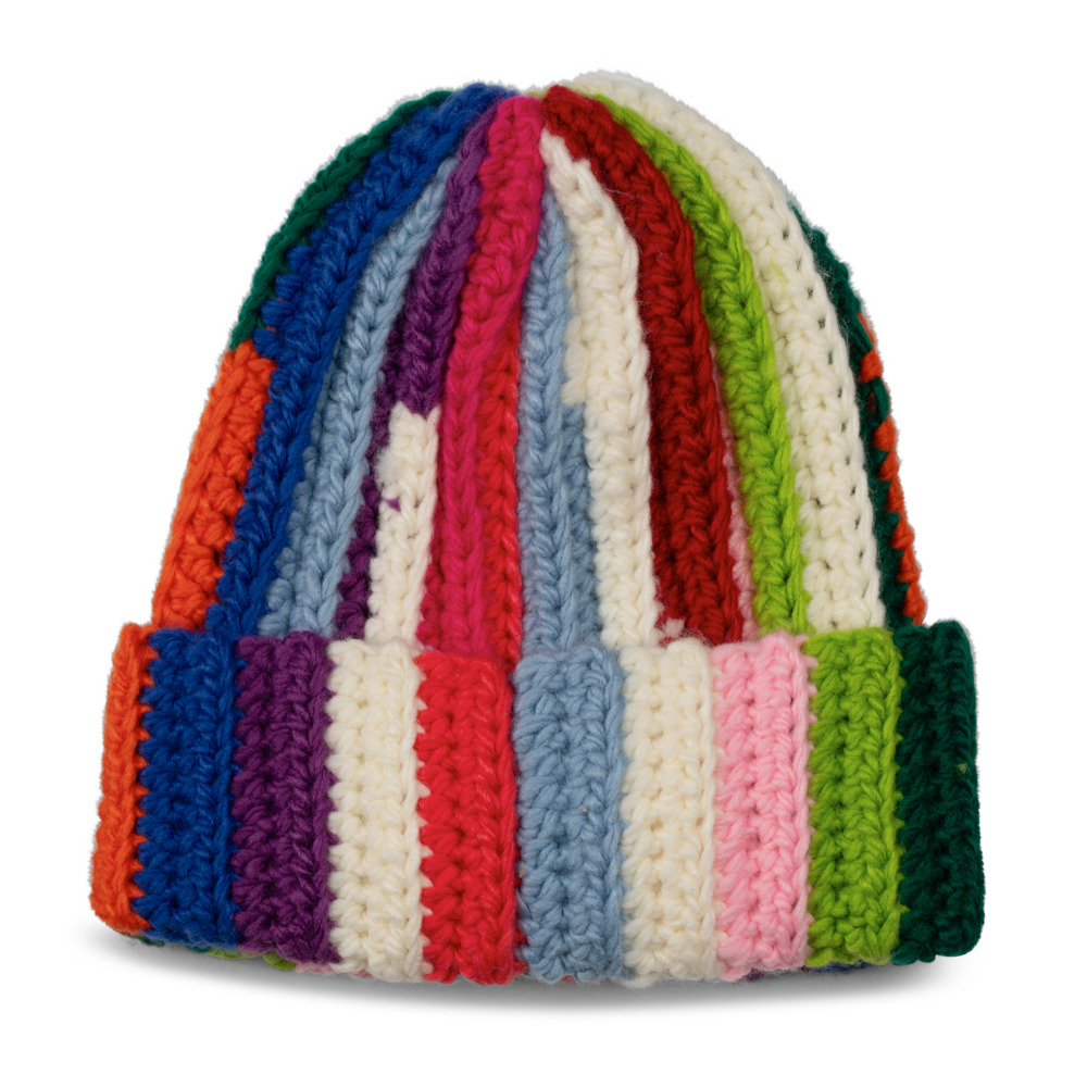 Walter Beanie i chunky hæklet kvalitet med striber i mange farver – multifarvet hue i retrolook