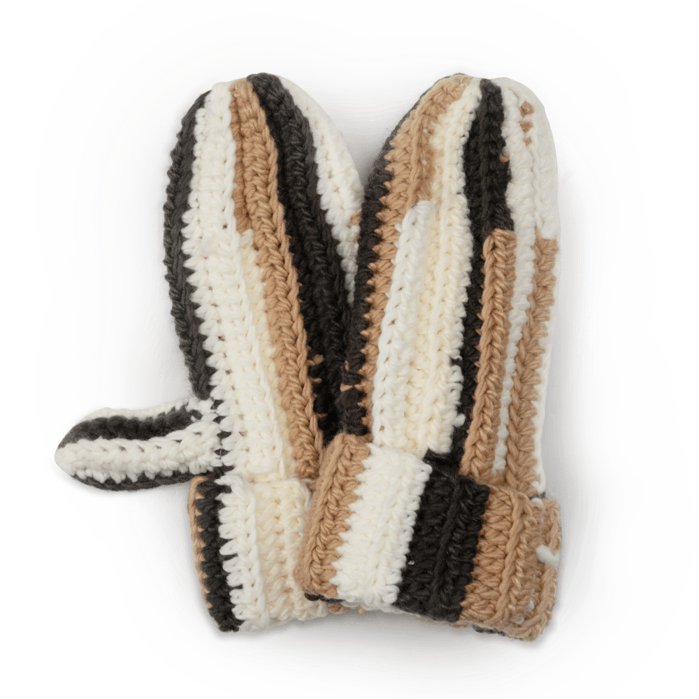 Walter Gloves – hæklet vante med striber i brun og råhvid