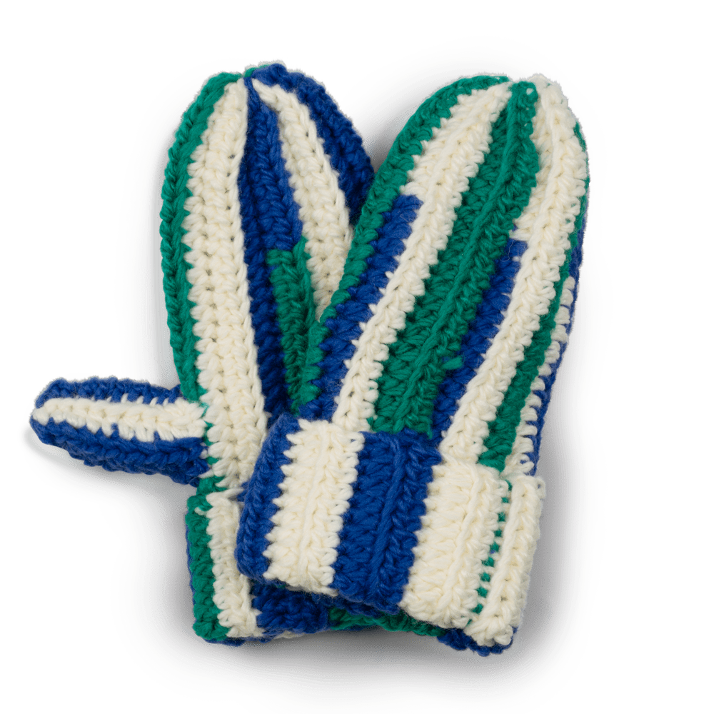 Walter Gloves – hæklet vante med striber i grøn, blå og råhvid