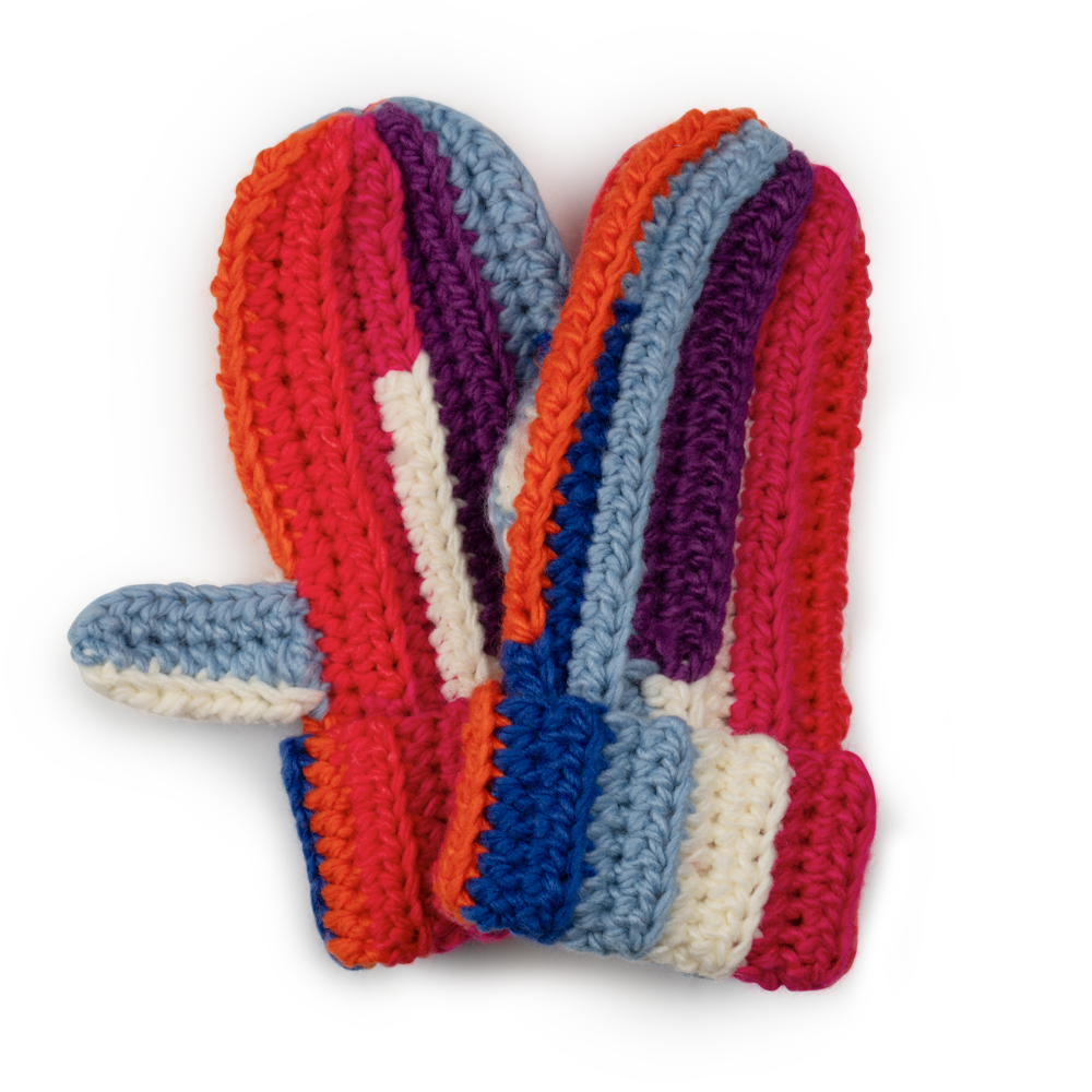 Walter Gloves – hæklede vanter i multifarvet mønster med chunky striber i rød, blå, lilla, pink og creme