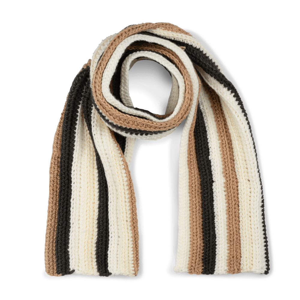 Walter Scarf i chunky strik med brede striber i brun, sort og creme – halstørklæde i neutrale nuancer