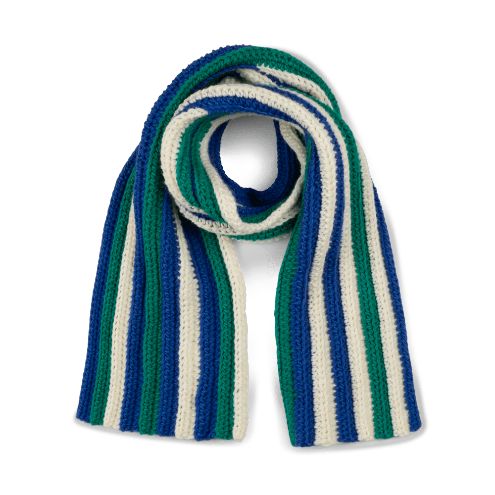 Walter Scarf med striber i blå, grøn og creme – chunky strikhalstørklæde til vinterbrug