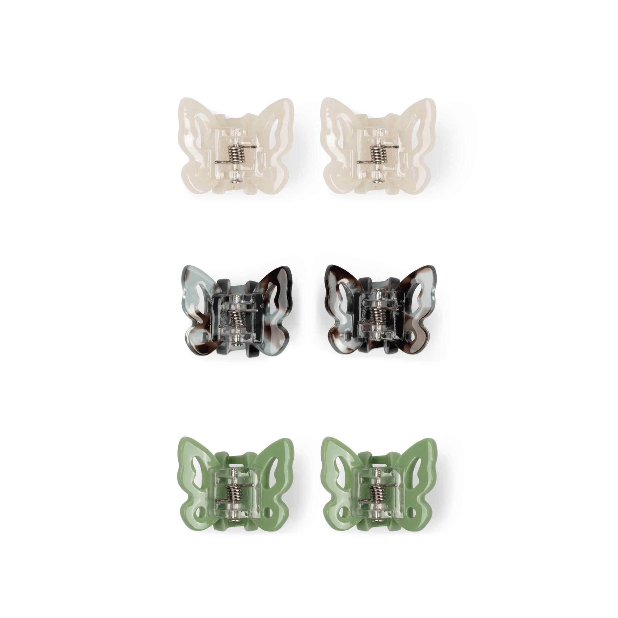 6-pack Tiny Bloom Claws fra SUI AVA – sæt med seks små hårklemmer i sommerfugledesign, ideelle til at skabe et legende og elegant touch til dine frisurer.