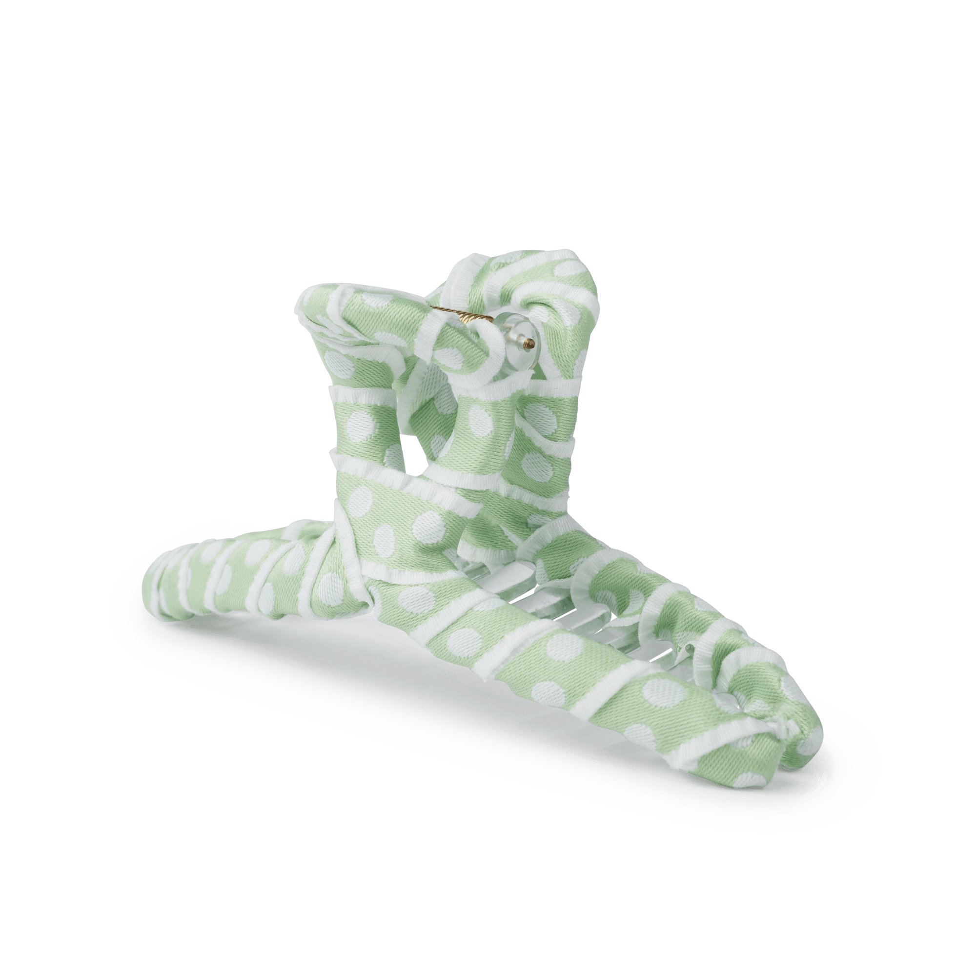 Ribbon Spring Big fra SUI AVA – stor hårklemme i grøn med hvide prikker og elegant bånddesign, perfekt til at skabe et friskt og charmerende look til dine frisurer.