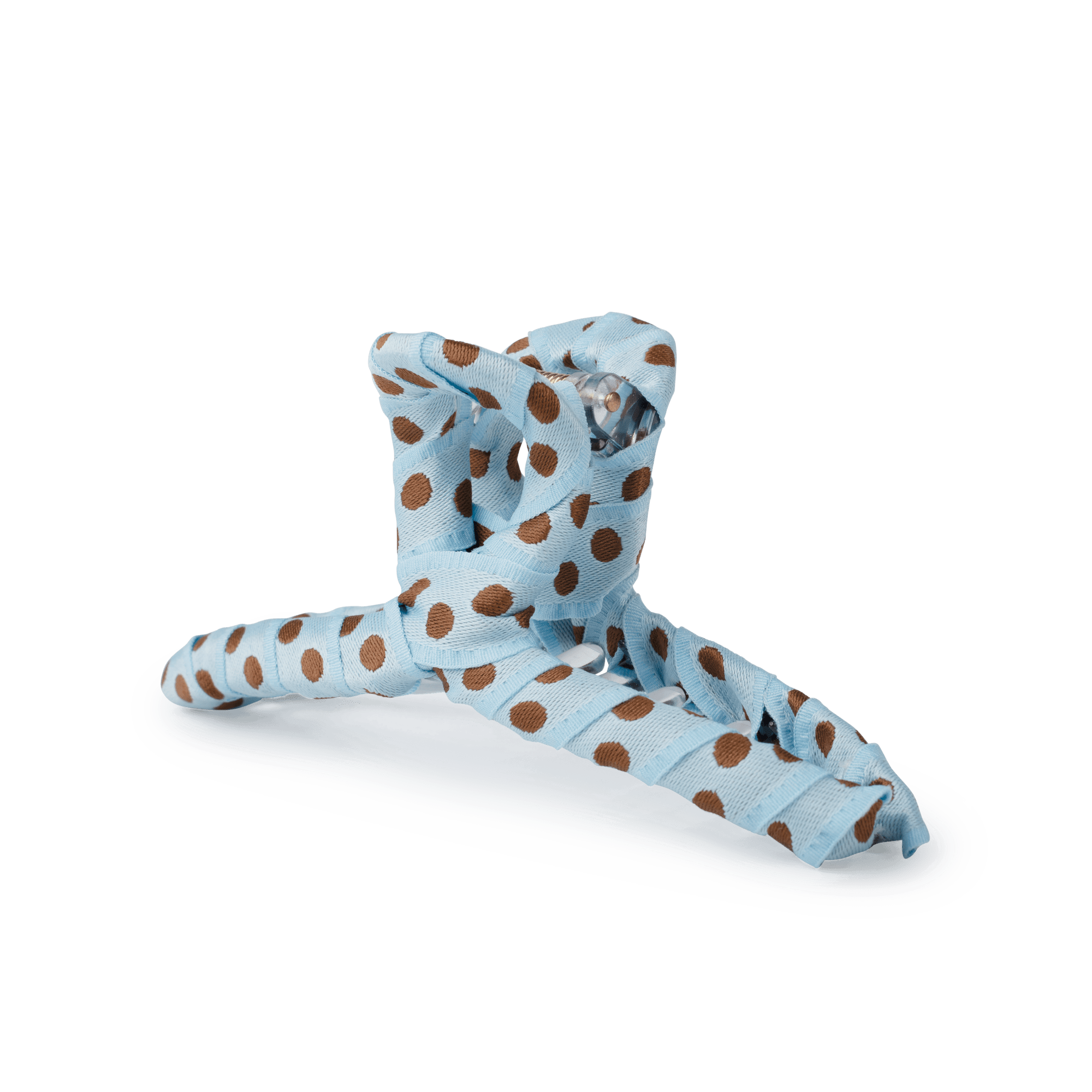 Ribbon Spring Big fra SUI AVA – stor hårklemme i blå med brune prikker og elegant bånddesign, ideel til at tilføje et unikt og stilfuldt touch til dine frisurer.