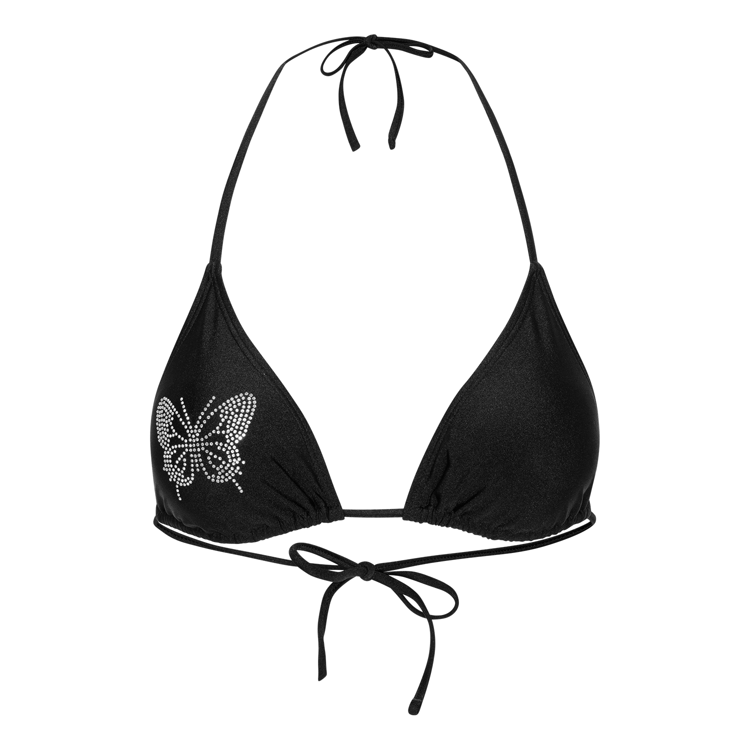 Butterfly Bikini Top – sort bikini top med rhinsten sommerfugl og justerbare bindebånd fra SUI AVA SWIM.