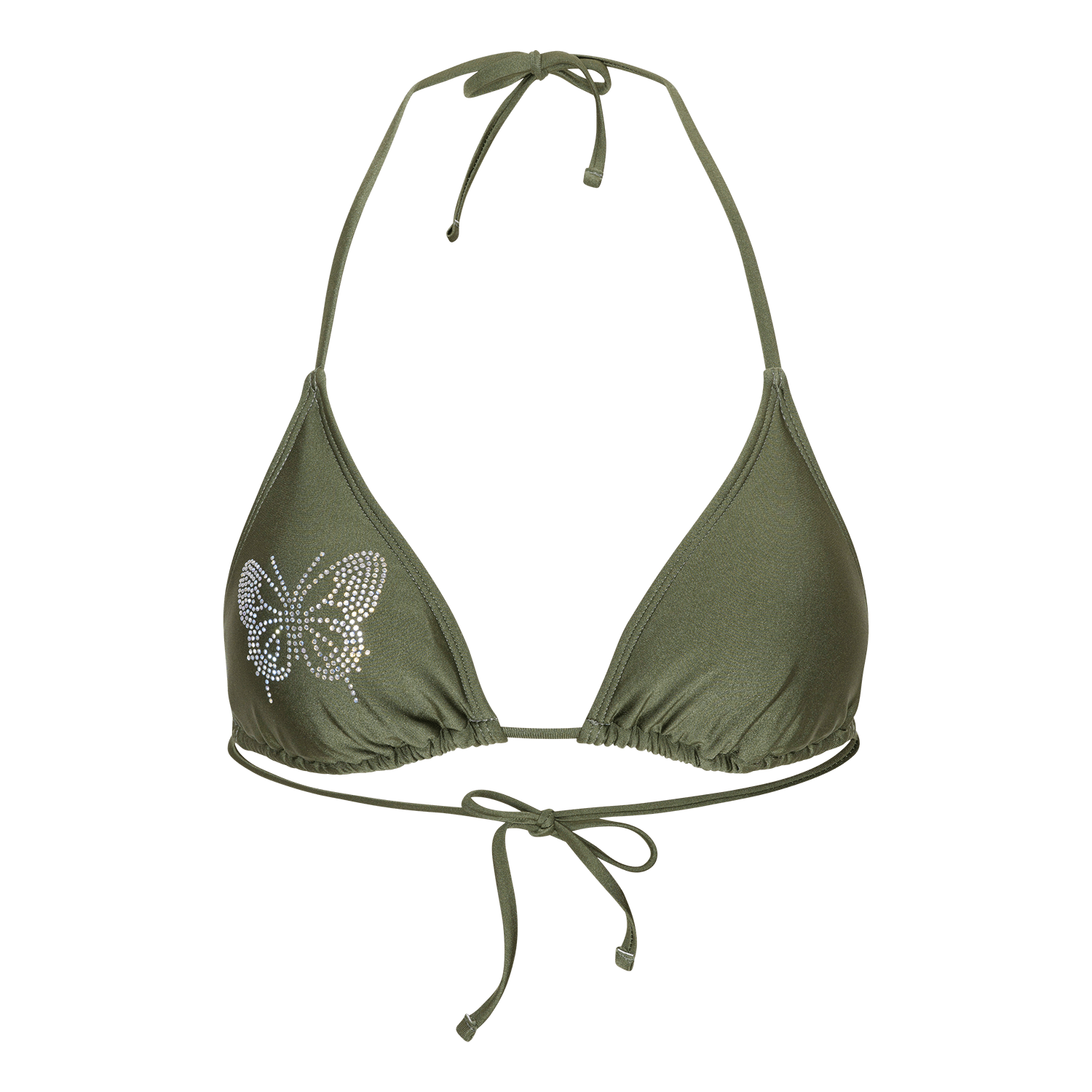 Armygrøn Butterfly Bikini Top med justerbare bindebånd og glitrende rhinestone sommerfugl fra SUI AVA SWIM.