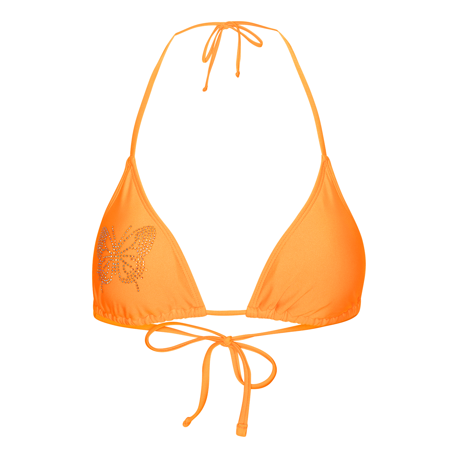 Butterfly Bikini Top – orange triangel bikini top med rhinestone sommerfugl og justerbare bindebånd fra SUI AVA SWIM.