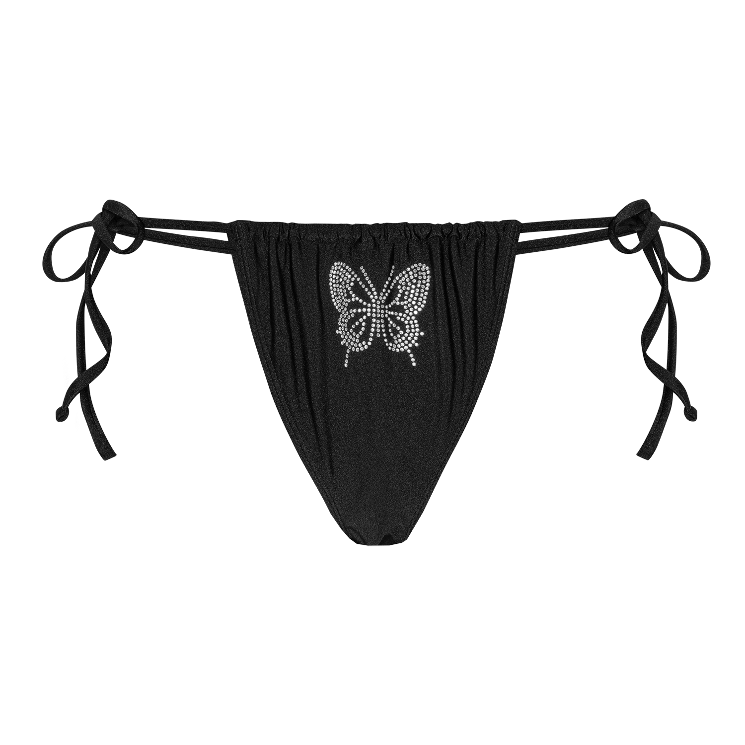 Butterfly Bikini Tanga – sort bikinitrusse med rhinsten sommerfugl og justerbare bindebånd fra SUI AVA SWIM.