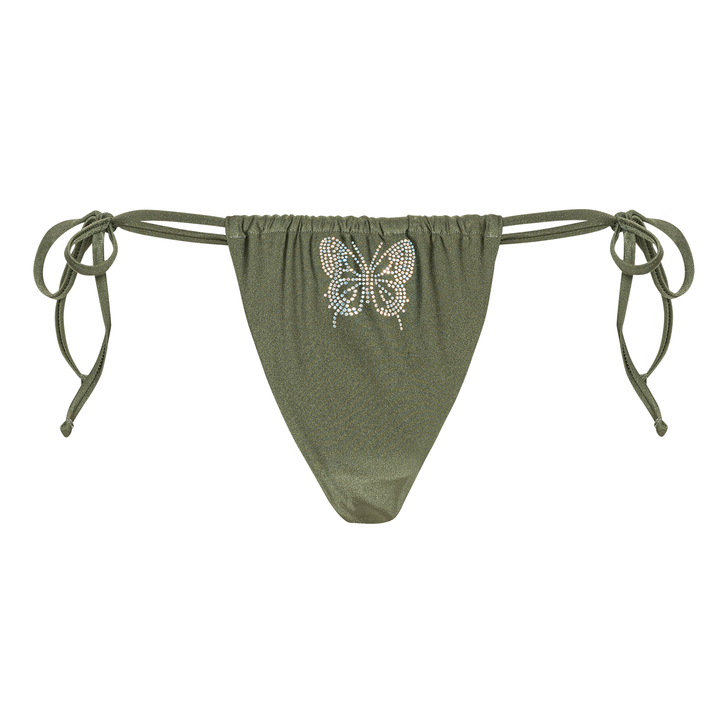 Butterfly Bikini Tanga – armygrøn bikinitrusse med rhinestone sommerfugl og justerbare bindebånd fra SUI AVA SWIM.