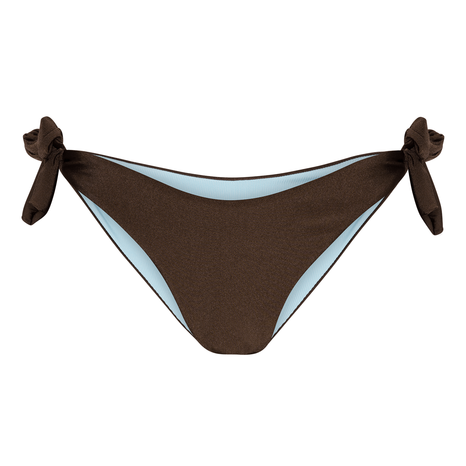 Waverly Bikini Briefs – vendbare bikinitrusser i brun og lyseblå med justerbare bindebånd og fleksibel pasform fra SUI AVA SWIM.