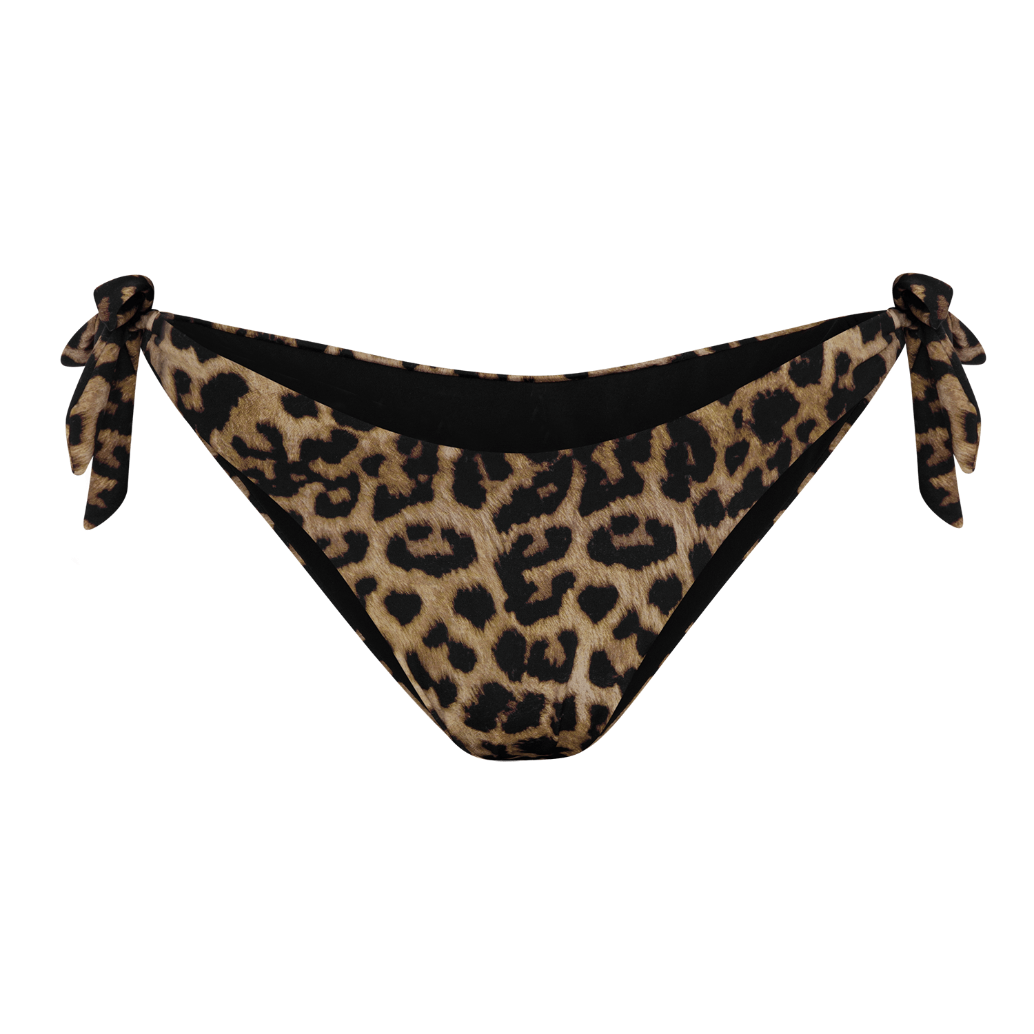Waverly Bikini Briefs – vendbare bikinitrusser i leopard og sort med justerbare bindebånd fra SUI AVA SWIM.